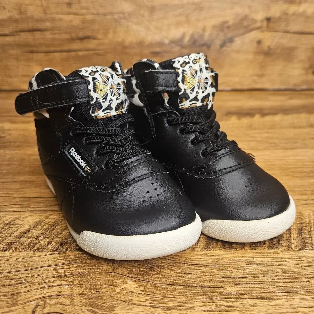 Reebok Black Leopard print high top hook loop sneaker size 5